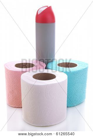 Colorful toilet paper rolls and air fresher, isolated on white