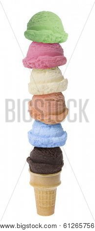 Ice cream cone with six scoops of ice cream