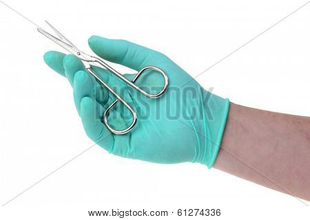 Surgeon holding scissors cutout on white background