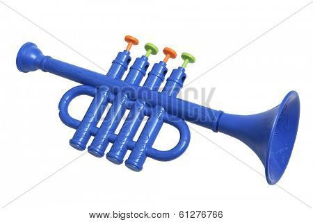 Blue child's trumpet toy on white background 
