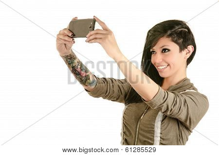 pretty girl take a self portrait with her smart phone