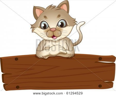 Illustration of an empty wooden signboard with a cat on a white background