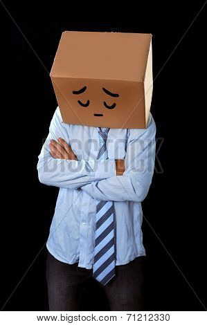 Messy Business Man With Carboard Box On Head Sad Expression Draw