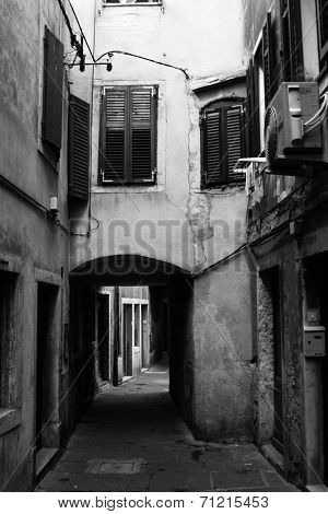 Narow street in mediterainian town of Piran in Slovenia