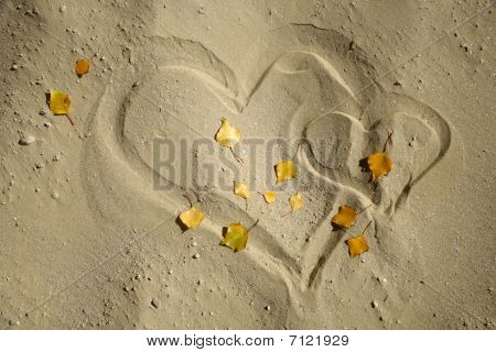 Stock Photo: heart in the sand and the leafs