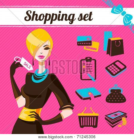 Shopping set, infographics of fashion women