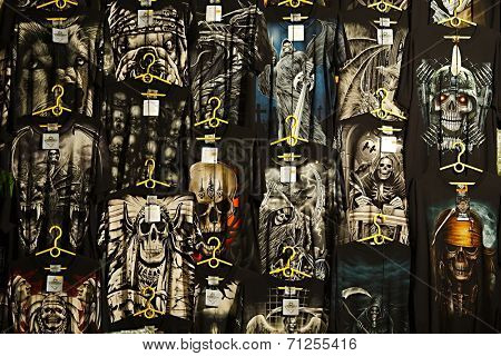 HODONIN, CZECH REPUBLIC - AUGUST 17: T-shirts being sold at a booth at Made of Metal, August 17th 2014.