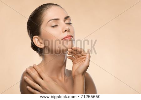 Portrait of girl holding hands near her face with clean and  fre