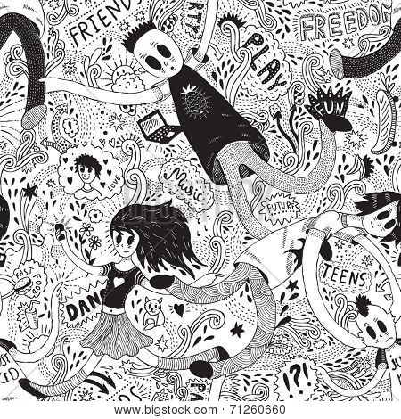 seamless pattern with doodle teenagers
