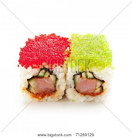 Tobiko Spicy Maki Sushi - Hot Roll with various type of Tobiko outside. Tuna, Cucumber and Green Lettuce inside