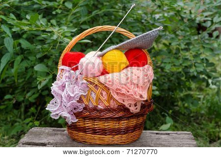 Basket Of Yarn And Knitting Needles