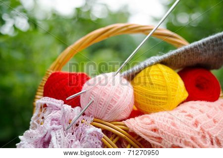 Basket Of Yarn And Knitting Needles