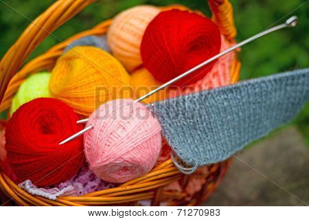 Basket Of Yarn And Knitting Needles