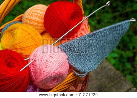 Basket Of Yarn And Knitting Needles