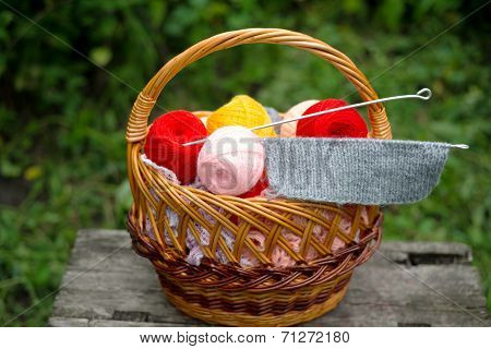 Basket Of Yarn And Knitting Needles