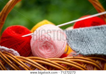 Basket Of Yarn And Knitting Needles