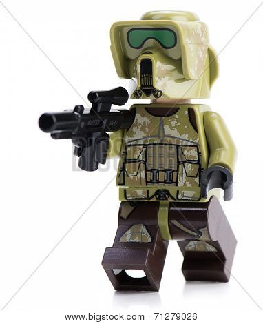 Ankara, Turkey - April 23, 2014: Lego Star Wars 41st Elite Corps Trooper minifigure isolated on white background. 