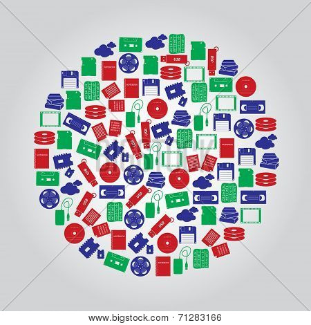 Data Storage Media Icons In Color Circle Eps10