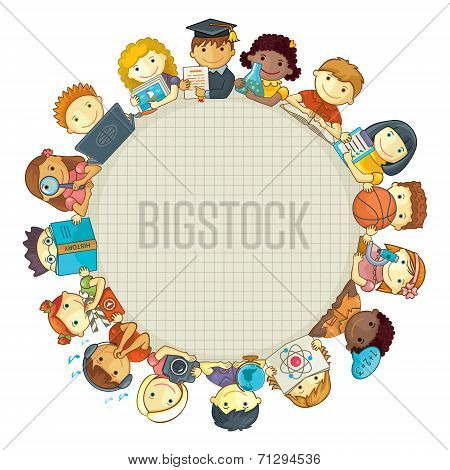 School Template With Children. Frame For Text
