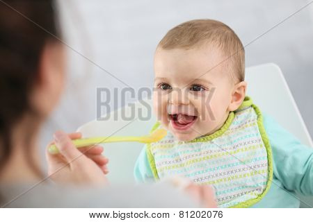Mother giving fruit sauce to baby boy
