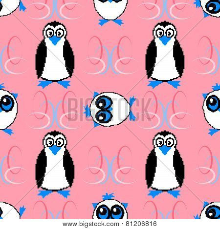Seamless Pattern With Owls And Penguins