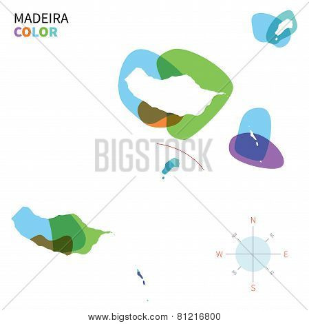 Abstract vector color map of Madeira with transparent paint effect.