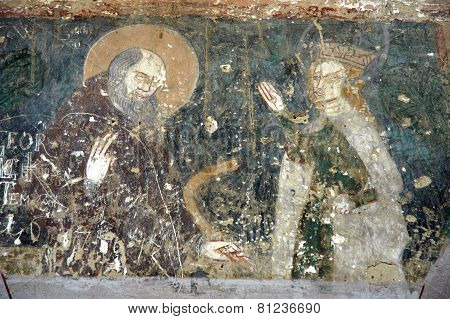 Ancient Fresco, Murals In Malancrav Church. Transylvania, Romania