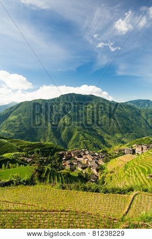 Landscape photo of rice terraces and village in china