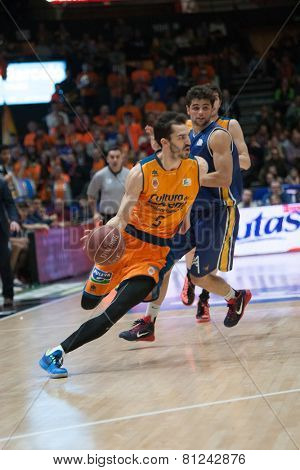 VALENCIA, SPAIN - JANUARY 24: Ribas with ball during Spanish League match between Valencia Basket Club and UCAM Murcia at Fonteta Stadium on January 24, 2015 in Valencia, Spain