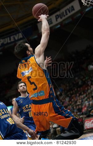 VALENCIA, SPAIN - JANUARY 24: Ribas with ball during Spanish League match between Valencia Basket Club and UCAM Murcia at Fonteta Stadium on January 24, 2015 in Valencia, Spain