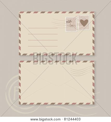 Collection of love envelopes with postage stamps. Vector illustration.