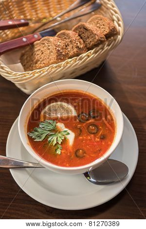 Traditional russian soljanka or saltwort soup
