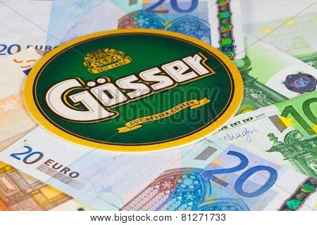 Beermat From Gosser Beer And Eur Banknotes