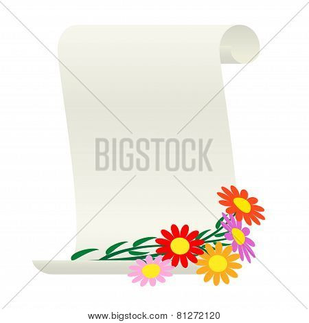 Bouquet of flowers and a scroll.
