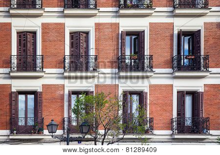 Typical Building Facade On A Spring Day In Madrid, Spain