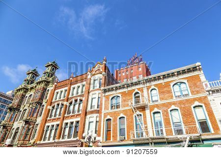 Facade Of Historic Houses In The Gaslamp Quarter In San Diego
