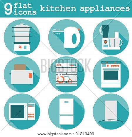 Set flat design icons of kitchen appliances with long shadow.
