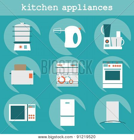 Set flat design icons of kitchen appliances with long shadow.
