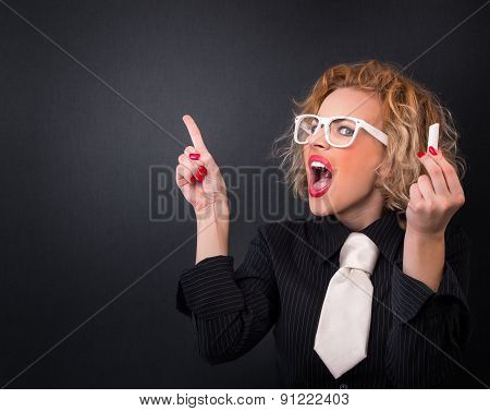 Angry Professor Woman In Front Of Blackboard Is Ready For Writing