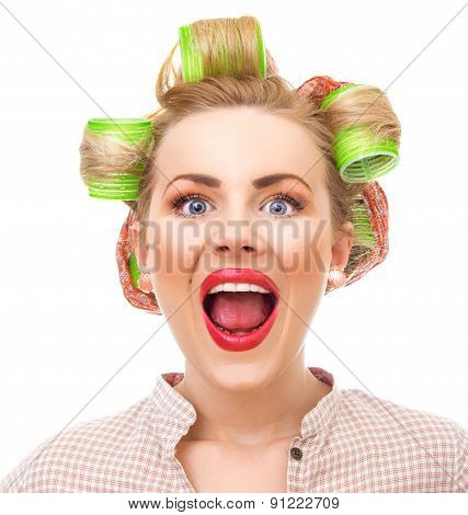 Funny Pin-up Girl Screaming, Close-up Portrait Isolated On White. Old / Retro Style Portrait - Shake