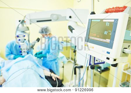 surgeon team in uniform in front of eye vision surgery operation room at medical clinic