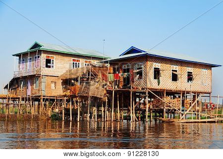 Floating Village Houses In Inle Lake, Myanmar
