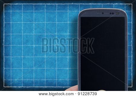 Smatrphone and blueprint. Idea for planning apps, taking shots, accessing apps, Internet, blogs and others. 