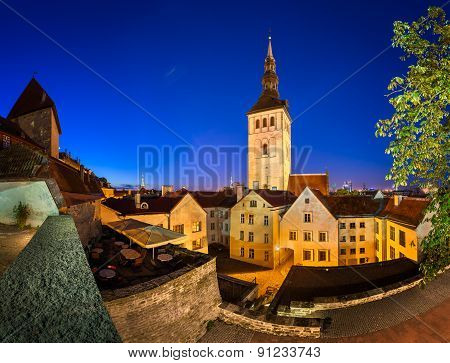 Evening View Of Old Town And Saint Nicholas (niguliste) Church In Tallinn, Estonia