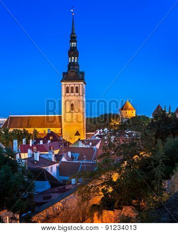 Talinn Old Town And Saint Nicholas (niguliste) Church In The Evening, Tallinn, Estonia