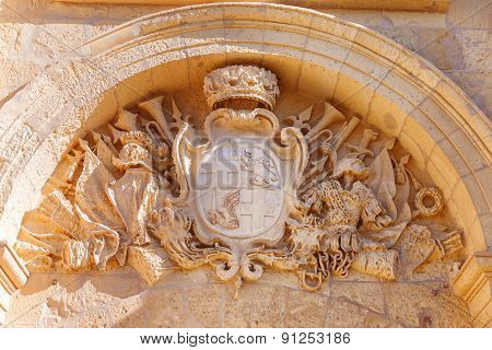 Coat Of Arms Above Entry In Ancient Part Of Mdina, Old Capital Of Malta. Crown, Lion, Crosses.