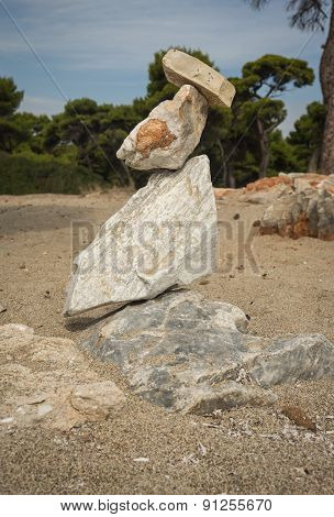 Amazing Pyramid Of Stones On The Beach In Schinias, Attica, Greece