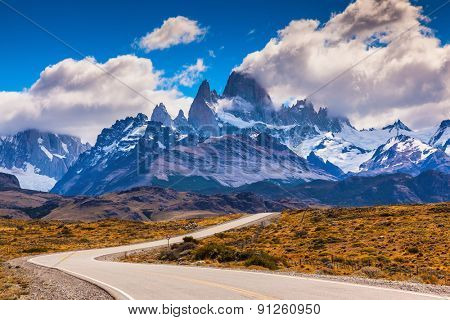  The highway crosses Patagonia and leads to majestic mountains of Fitzroy. The road through desert