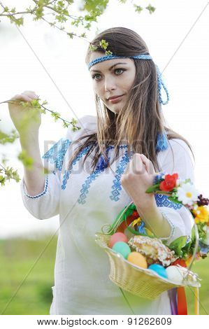 Slavic Girl In Ukrainian Shirt With Easter Baskets In Their Hands