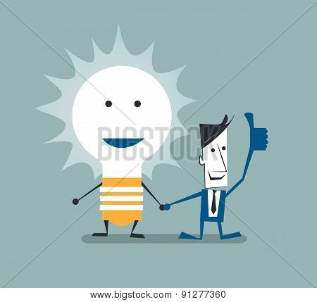 Vector Illustration Of Businessman Shaking Hands With Light Bulb